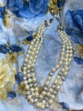 Statement Faux Chunky Pearl Multi Strand Necklace with Crystal Accents Vintage